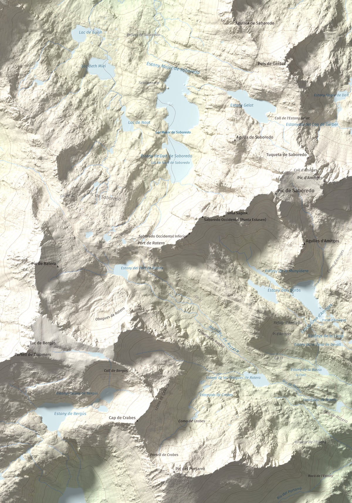 Mapa de relieve de Tuc Gran dera Sendrosa, 2703 m, Val d'Aran, lámina 100 Cims de Trobart. Detalle de la zona inferior derecha. 70 × 100 cm.
