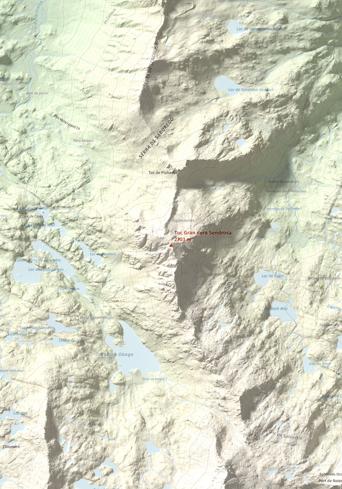 Mapa de relieve de Tuc Gran dera Sendrosa, 2703 m, Val d'Aran, lámina 100 Cims de Trobart. Detalle de la zona central. 70 × 100 cm.