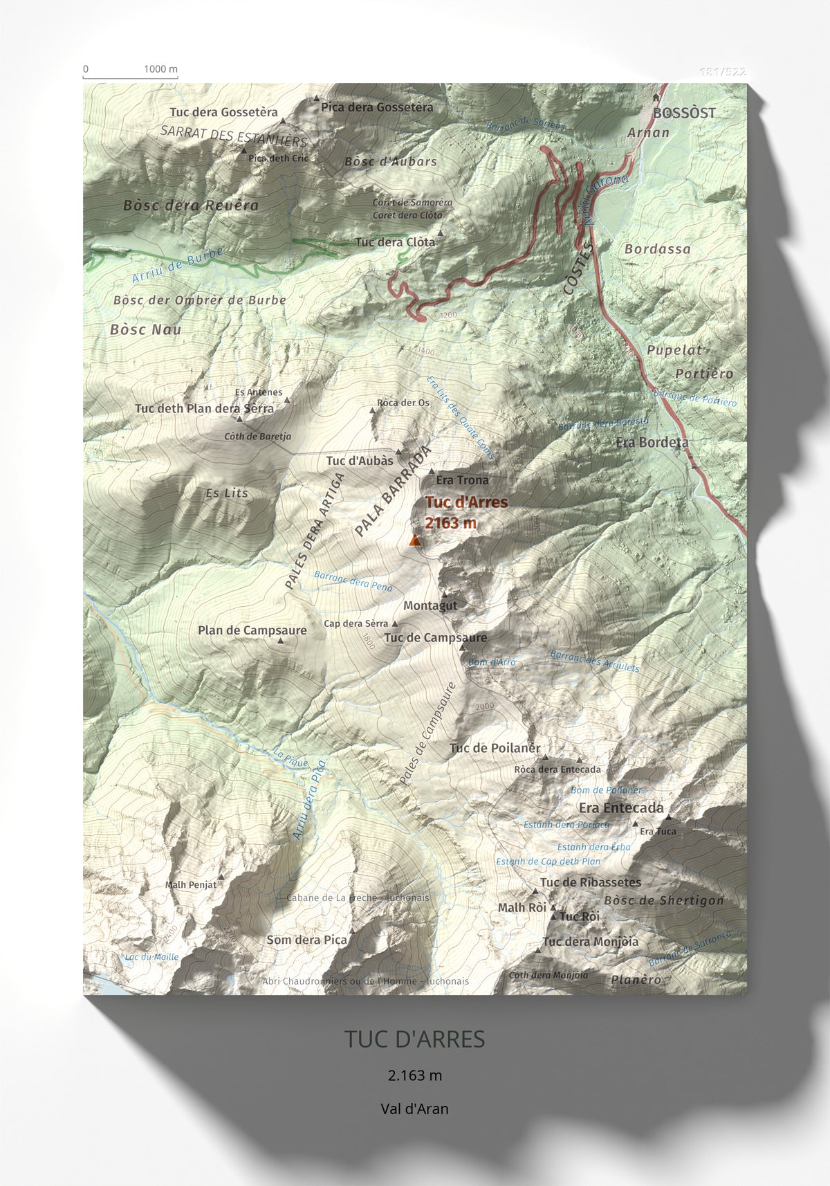 Mapa de relieve de Tuc d'Arres, 2163 m, Val d'Aran, lámina 100 Cims de Trobart 21 × 30 cm.