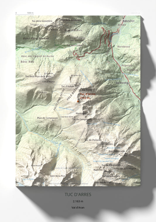 Mapa de relieve de Tuc d'Arres, 2163 m, Val d'Aran, lámina 100 Cims de Trobart 21 × 30 cm.