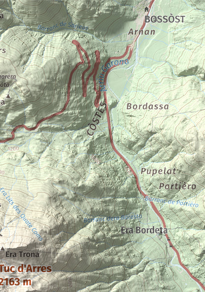 Mapa de relieve de Tuc d'Arres, 2163 m, Val d'Aran, lámina 100 Cims de Trobart. Detalle de la zona superior derecha. 21 × 30 cm.