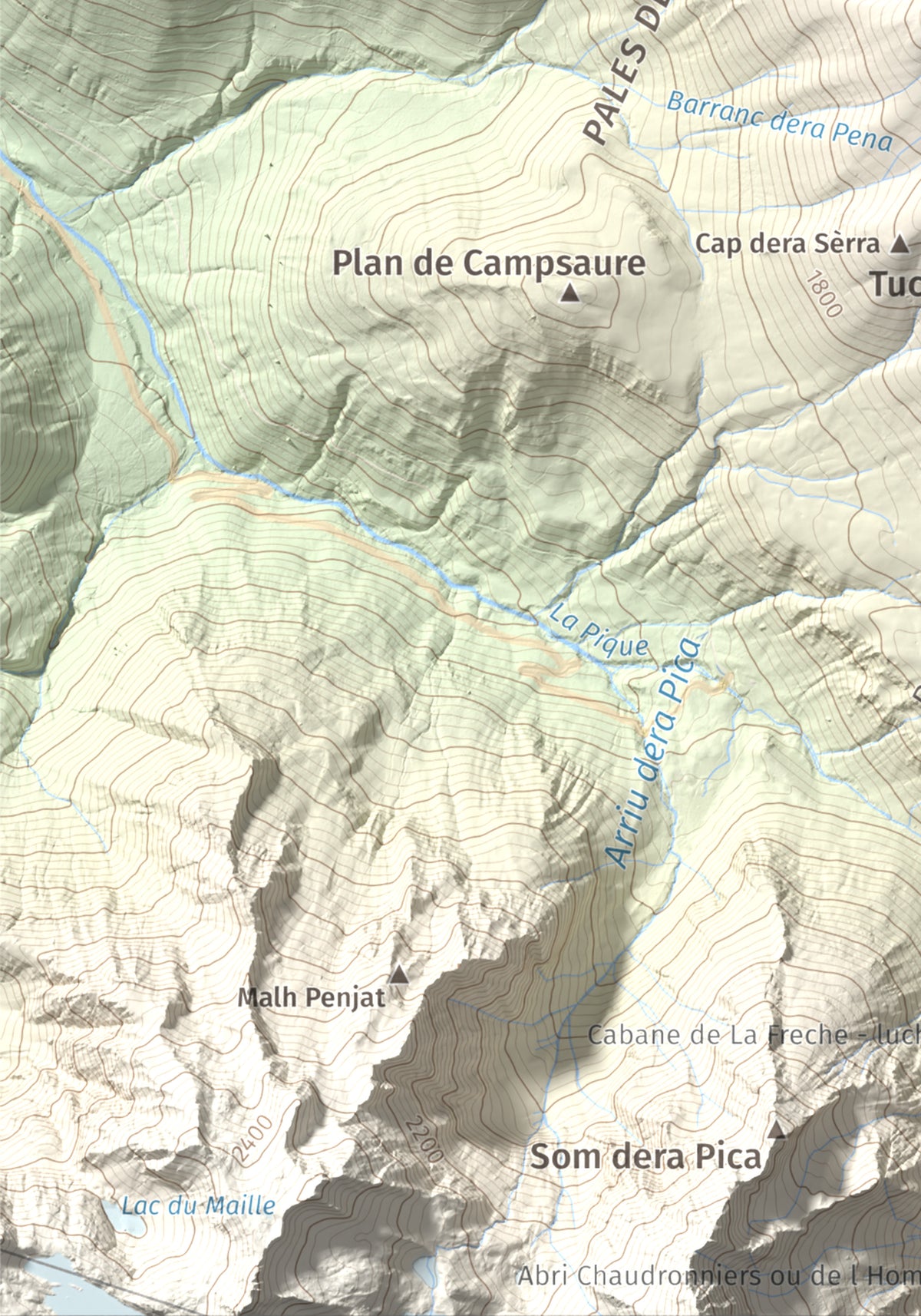 Mapa de relieve de Tuc d'Arres, 2163 m, Val d'Aran, lámina 100 Cims de Trobart. Detalle de la zona inferior izquierda. 21 × 30 cm.