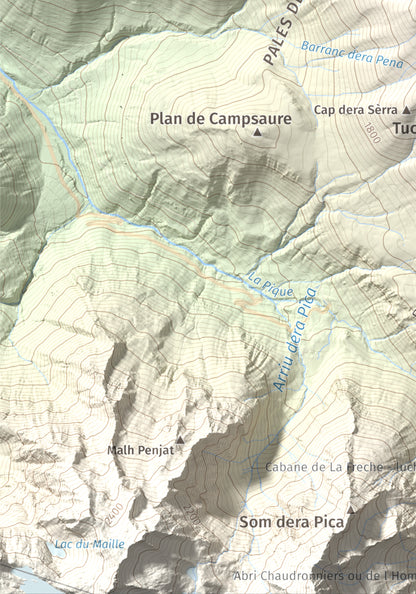 Mapa de relieve de Tuc d'Arres, 2163 m, Val d'Aran, lámina 100 Cims de Trobart. Detalle de la zona inferior izquierda. 21 × 30 cm.