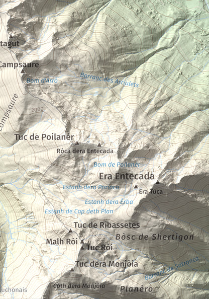 Mapa de relieve de Tuc d'Arres, 2163 m, Val d'Aran, lámina 100 Cims de Trobart. Detalle de la zona inferior derecha. 21 × 30 cm.