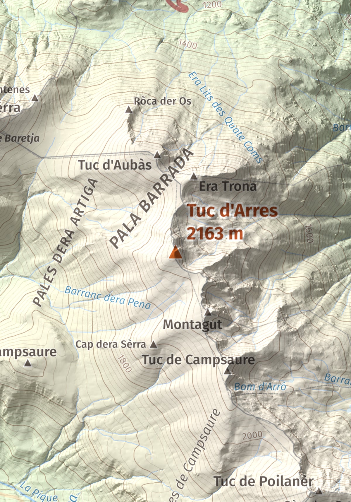 Mapa de relieve de Tuc d'Arres, 2163 m, Val d'Aran, lámina 100 Cims de Trobart. Detalle de la zona central. 21 × 30 cm.