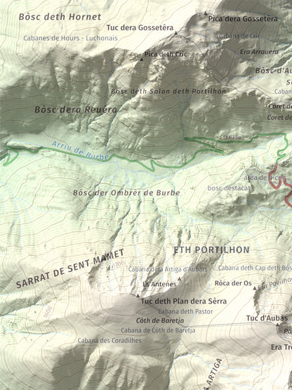 Mapa de relieve de Tuc d'Arres, 2163 m, Val d'Aran, lámina 100 Cims de Trobart. Detalle de la zona superior izquierda. 30 × 40 cm.