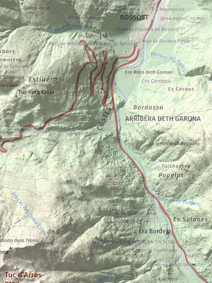 Mapa de relieve de Tuc d'Arres, 2163 m, Val d'Aran, lámina 100 Cims de Trobart. Detalle de la zona superior derecha. 30 × 40 cm.