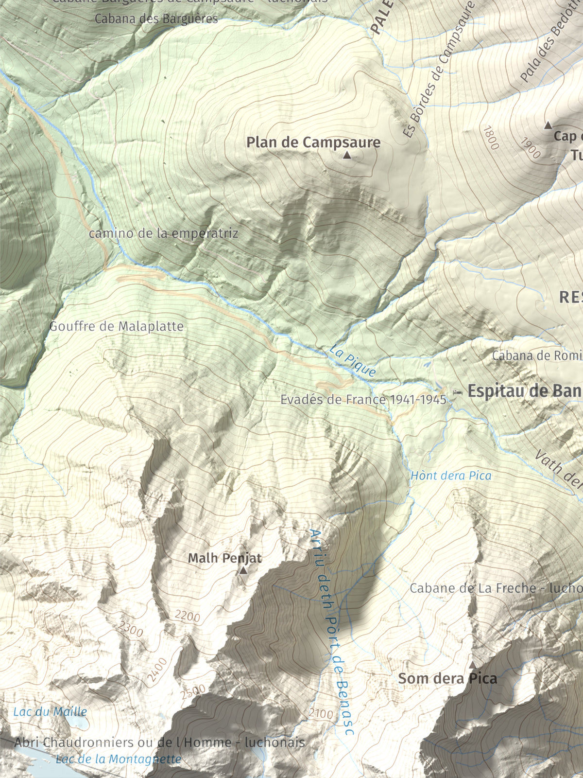 Mapa de relieve de Tuc d'Arres, 2163 m, Val d'Aran, lámina 100 Cims de Trobart. Detalle de la zona inferior izquierda. 30 × 40 cm.