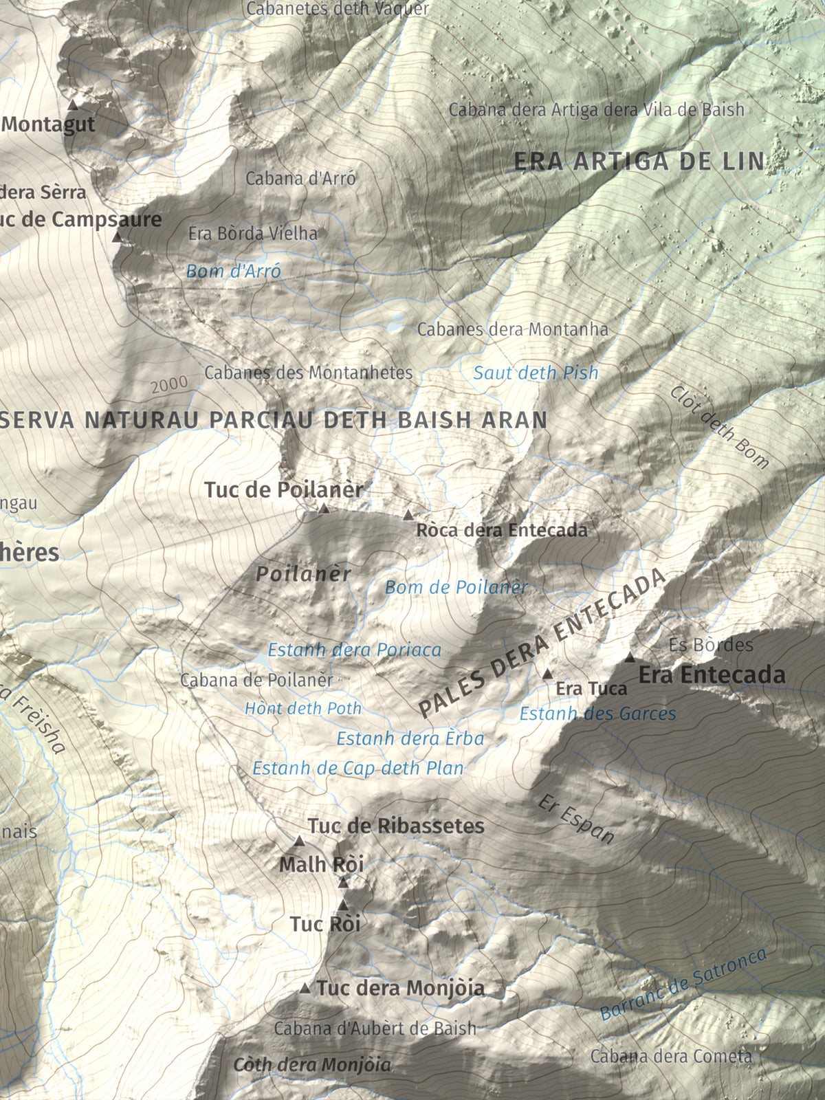 Mapa de relieve de Tuc d'Arres, 2163 m, Val d'Aran, lámina 100 Cims de Trobart. Detalle de la zona inferior derecha. 30 × 40 cm.