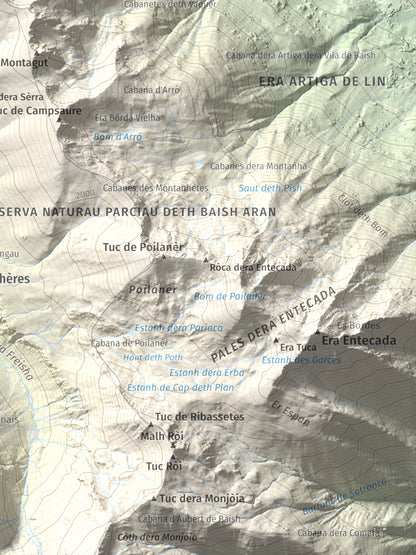 Mapa de relieve de Tuc d'Arres, 2163 m, Val d'Aran, lámina 100 Cims de Trobart. Detalle de la zona inferior derecha. 30 × 40 cm.