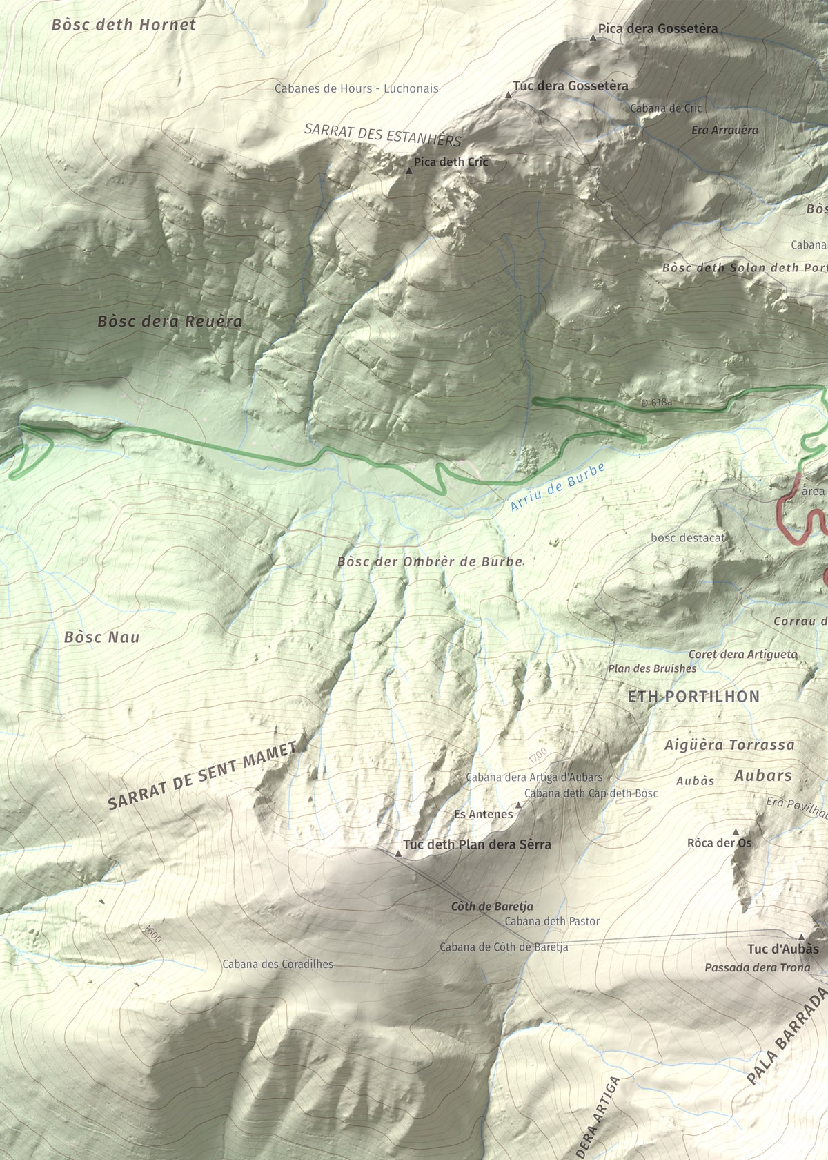 Mapa de relieve de Tuc d'Arres, 2163 m, Val d'Aran, lámina 100 Cims de Trobart. Detalle de la zona superior izquierda. 50 × 70 cm.