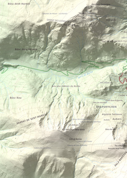 Mapa de relieve de Tuc d'Arres, 2163 m, Val d'Aran, lámina 100 Cims de Trobart. Detalle de la zona superior izquierda. 50 × 70 cm.