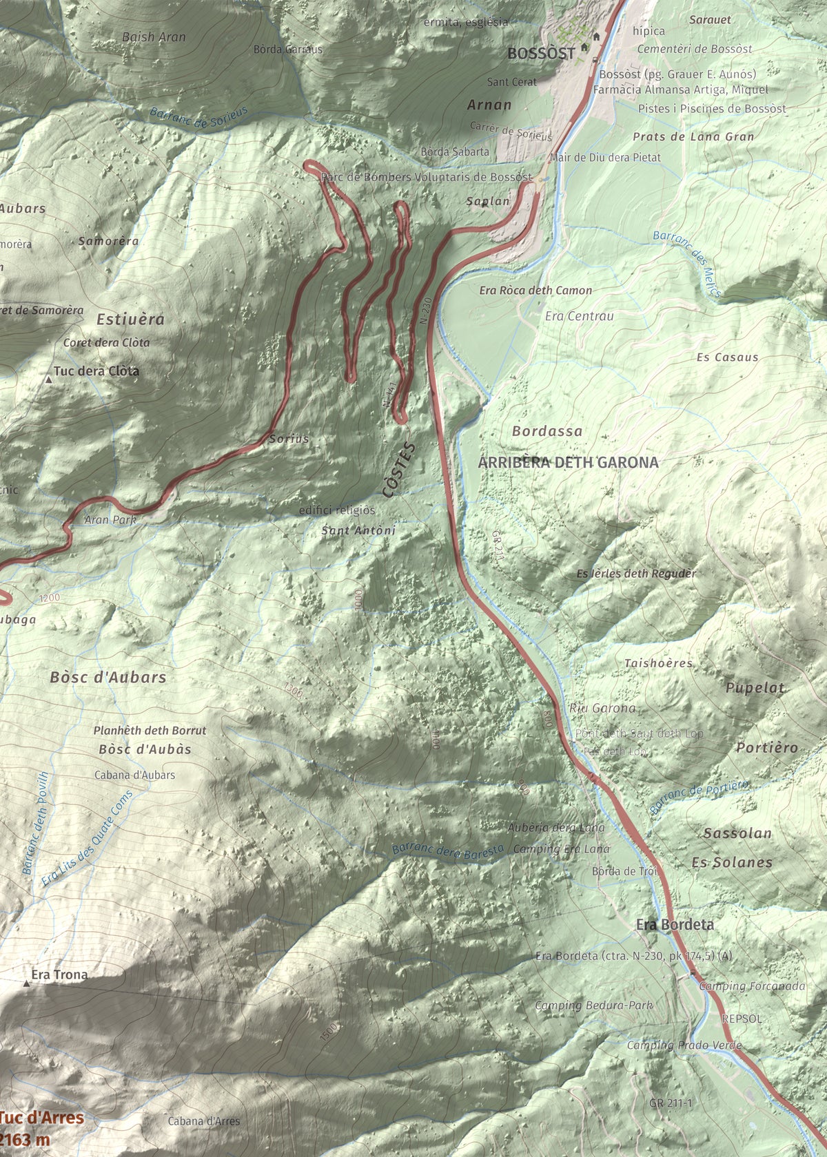 Mapa de relieve de Tuc d'Arres, 2163 m, Val d'Aran, lámina 100 Cims de Trobart. Detalle de la zona superior derecha. 50 × 70 cm.