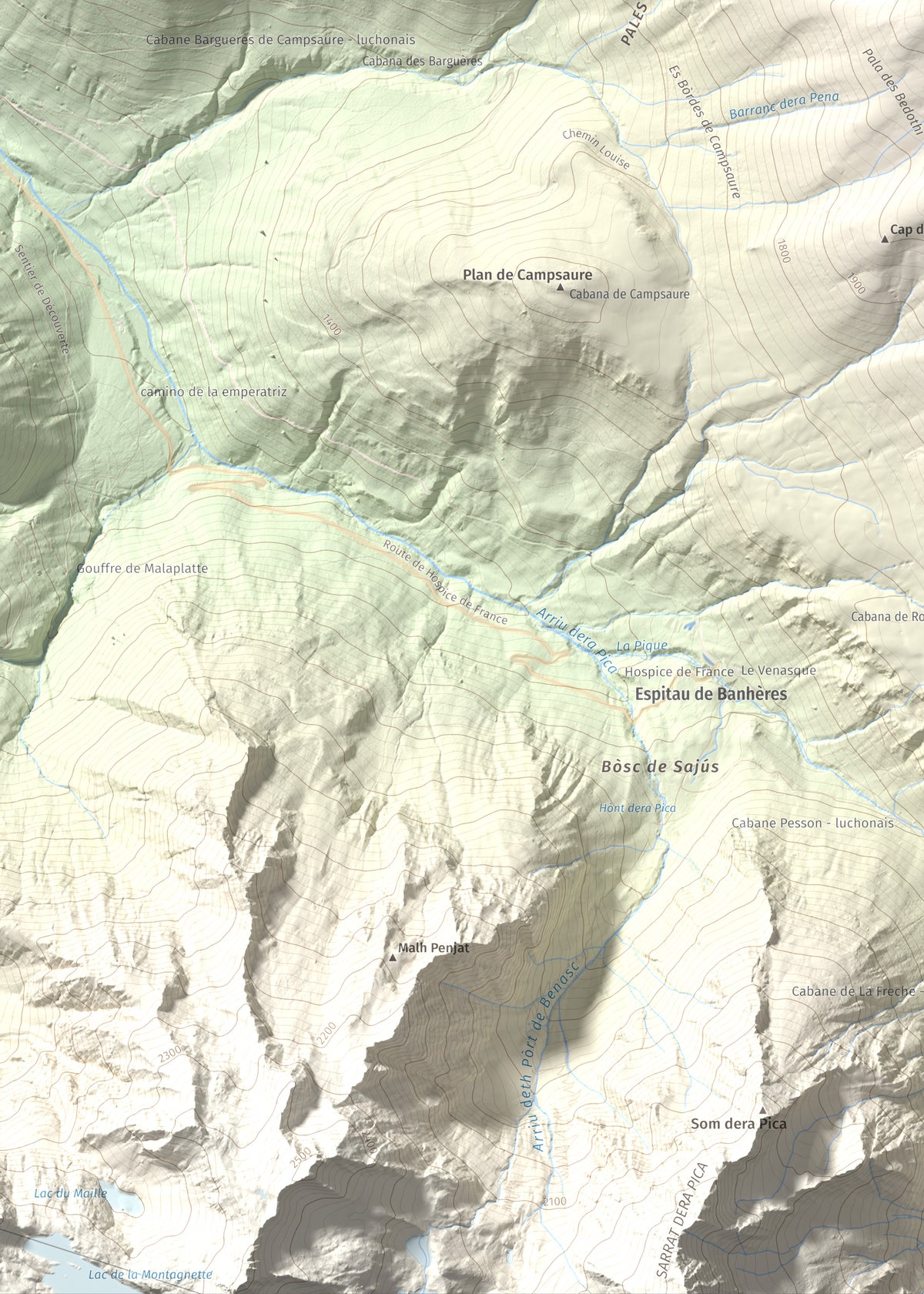 Mapa de relieve de Tuc d'Arres, 2163 m, Val d'Aran, lámina 100 Cims de Trobart. Detalle de la zona inferior izquierda. 50 × 70 cm.