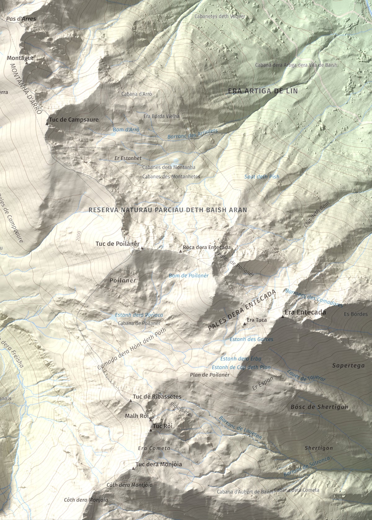 Mapa de relieve de Tuc d'Arres, 2163 m, Val d'Aran, lámina 100 Cims de Trobart. Detalle de la zona inferior derecha. 50 × 70 cm.