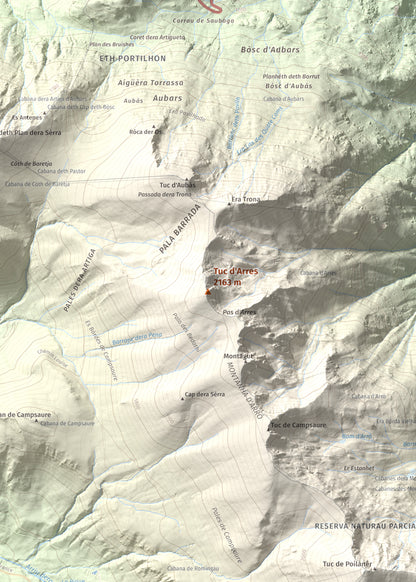 Mapa de relieve de Tuc d'Arres, 2163 m, Val d'Aran, lámina 100 Cims de Trobart. Detalle de la zona central. 50 × 70 cm.