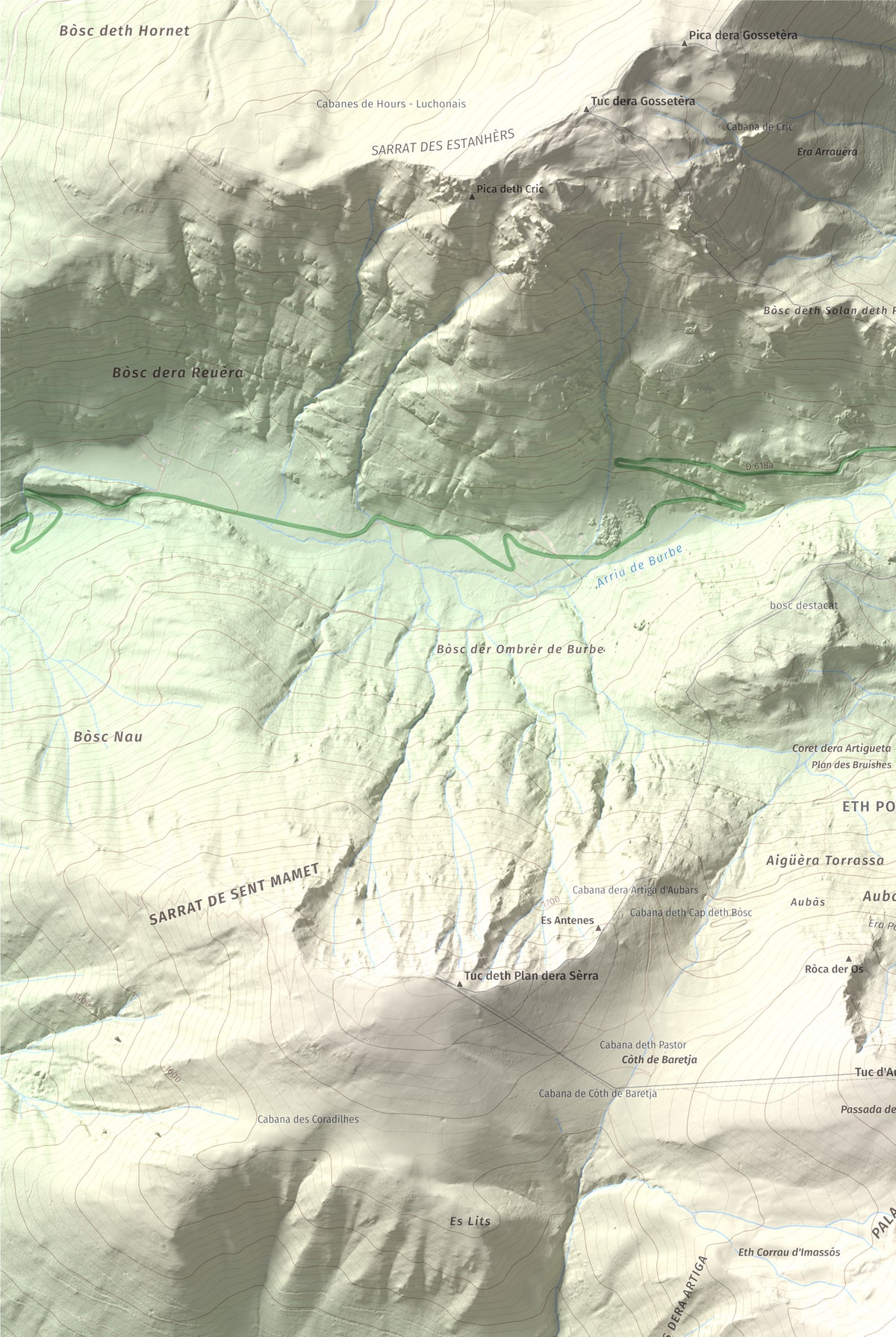 Mapa de relieve de Tuc d'Arres, 2163 m, Val d'Aran, lámina 100 Cims de Trobart. Detalle de la zona superior izquierda. 61 × 91 cm.