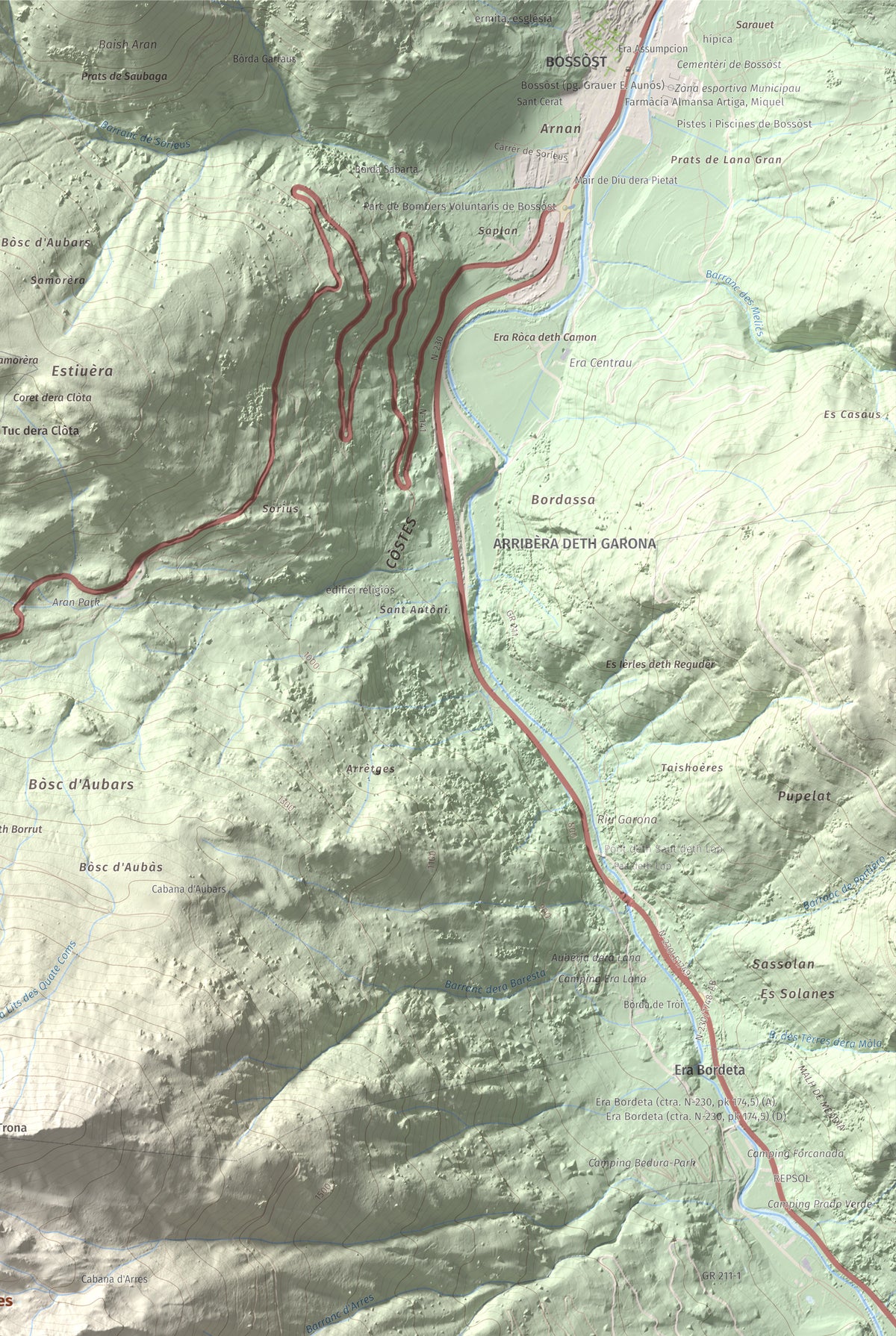 Mapa de relieve de Tuc d'Arres, 2163 m, Val d'Aran, lámina 100 Cims de Trobart. Detalle de la zona superior derecha. 61 × 91 cm.