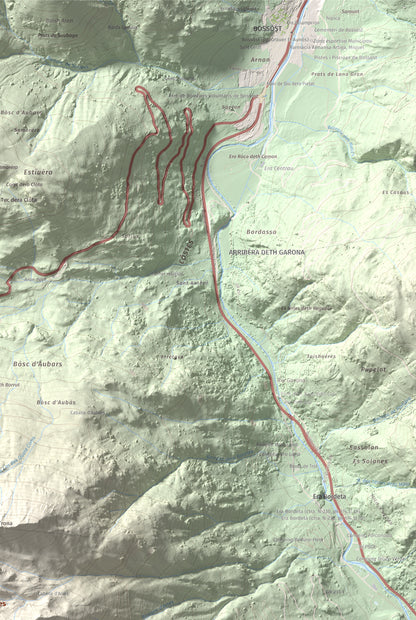 Mapa de relieve de Tuc d'Arres, 2163 m, Val d'Aran, lámina 100 Cims de Trobart. Detalle de la zona superior derecha. 61 × 91 cm.