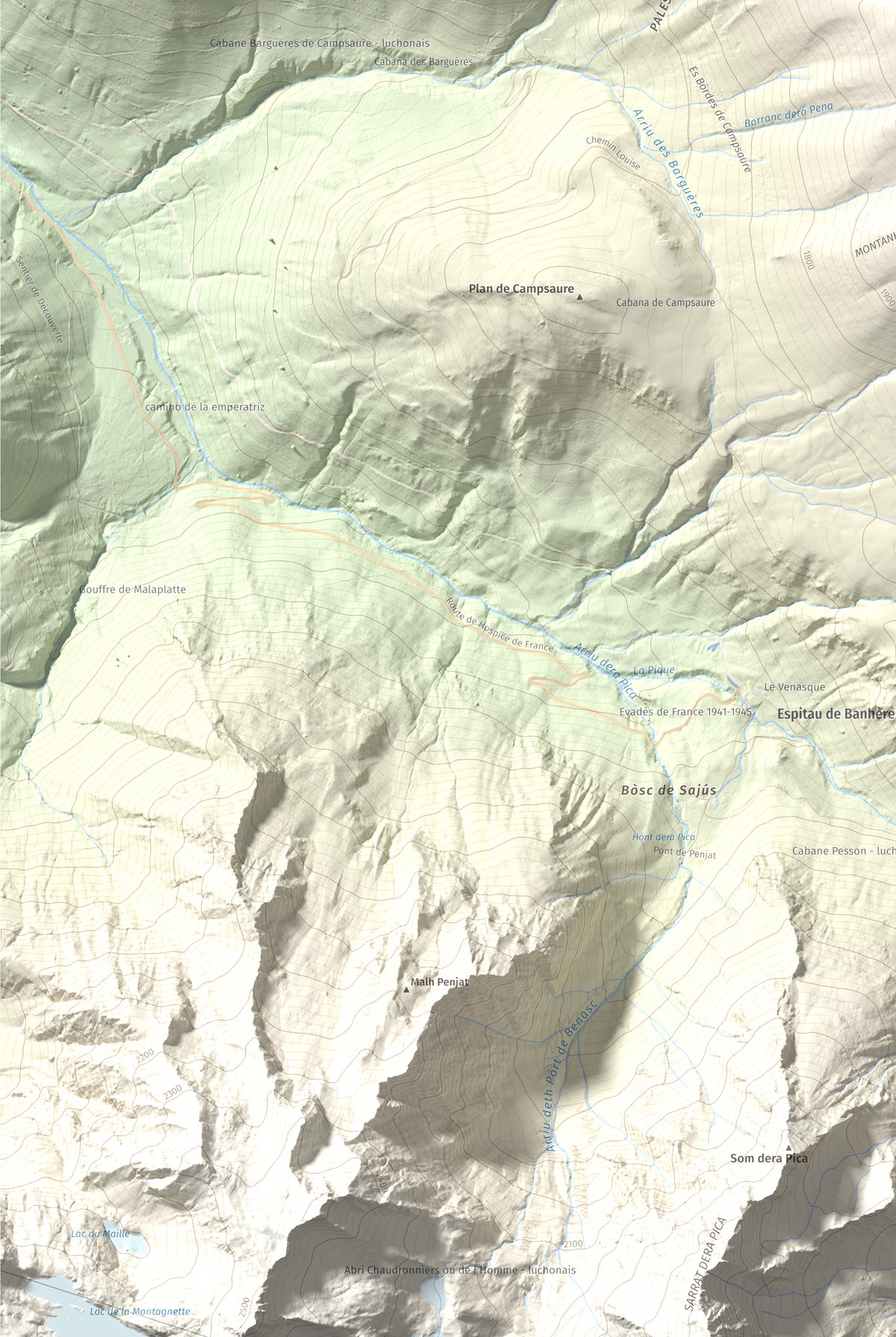 Mapa de relieve de Tuc d'Arres, 2163 m, Val d'Aran, lámina 100 Cims de Trobart. Detalle de la zona inferior izquierda. 61 × 91 cm.