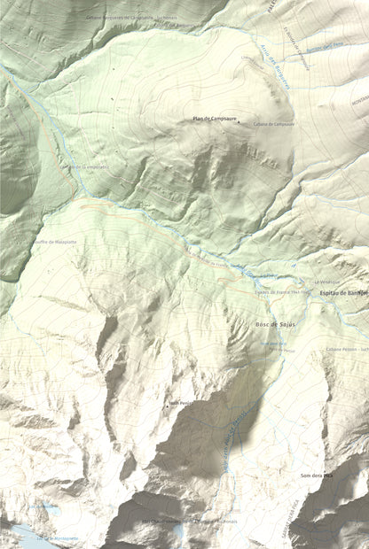 Mapa de relieve de Tuc d'Arres, 2163 m, Val d'Aran, lámina 100 Cims de Trobart. Detalle de la zona inferior izquierda. 61 × 91 cm.