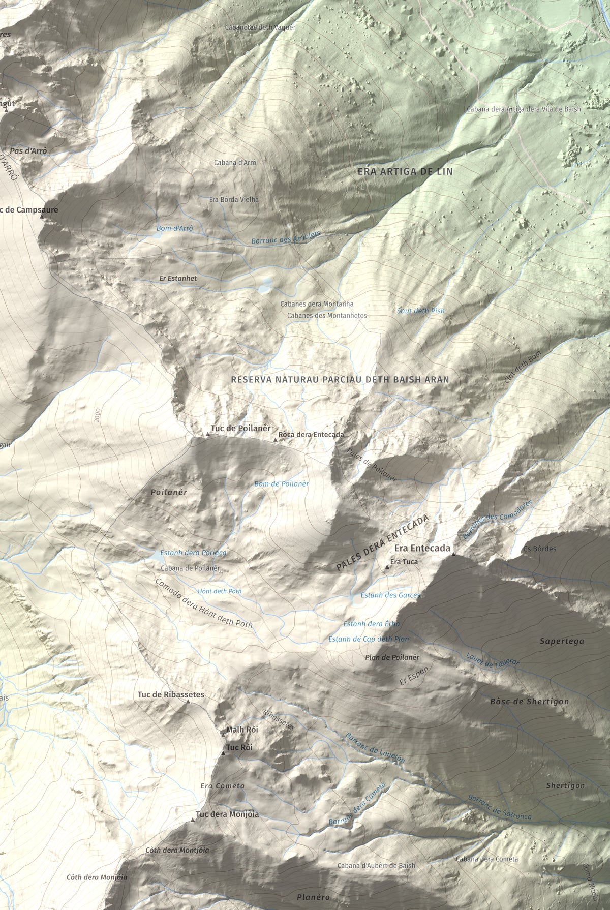 Mapa de relieve de Tuc d'Arres, 2163 m, Val d'Aran, lámina 100 Cims de Trobart. Detalle de la zona inferior derecha. 61 × 91 cm.