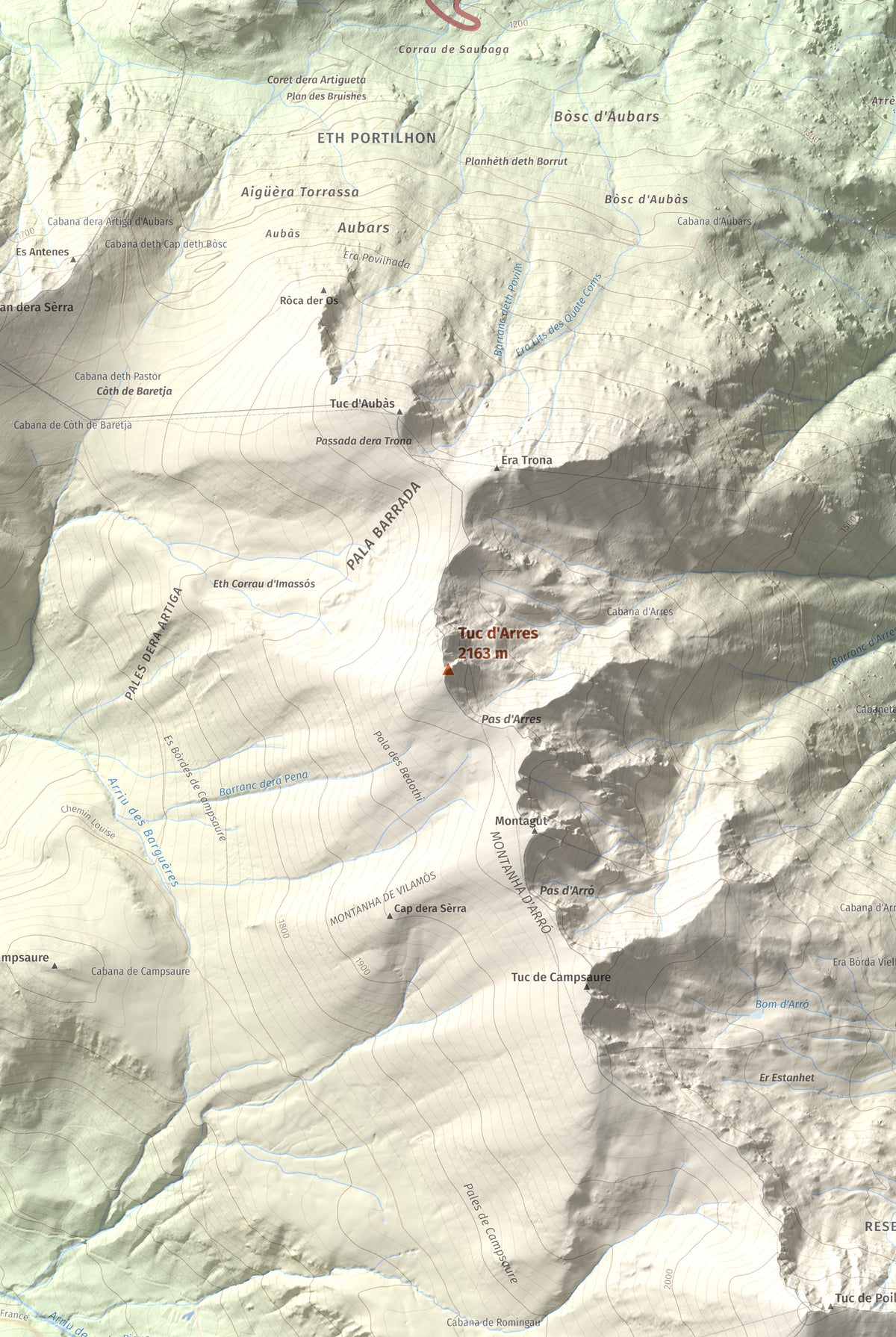Mapa de relieve de Tuc d'Arres, 2163 m, Val d'Aran, lámina 100 Cims de Trobart. Detalle de la zona central. 61 × 91 cm.