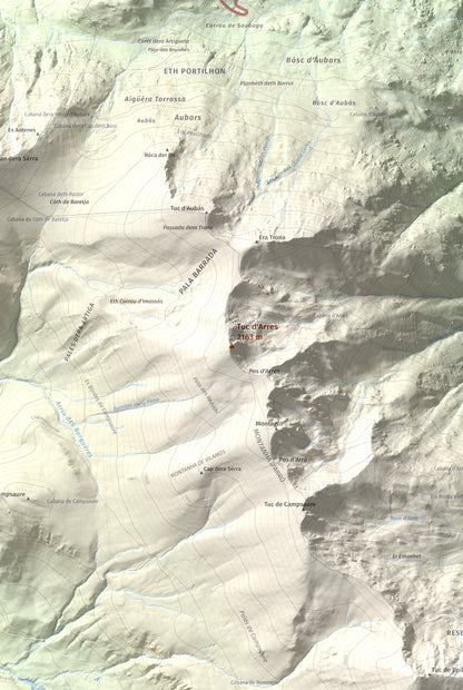Mapa de relieve de Tuc d'Arres, 2163 m, Val d'Aran, lámina 100 Cims de Trobart. Detalle de la zona central. 61 × 91 cm.