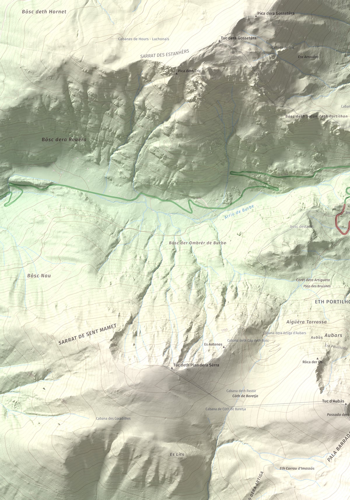 Mapa de relieve de Tuc d'Arres, 2163 m, Val d'Aran, lámina 100 Cims de Trobart. Detalle de la zona superior izquierda. 70 × 100 cm.