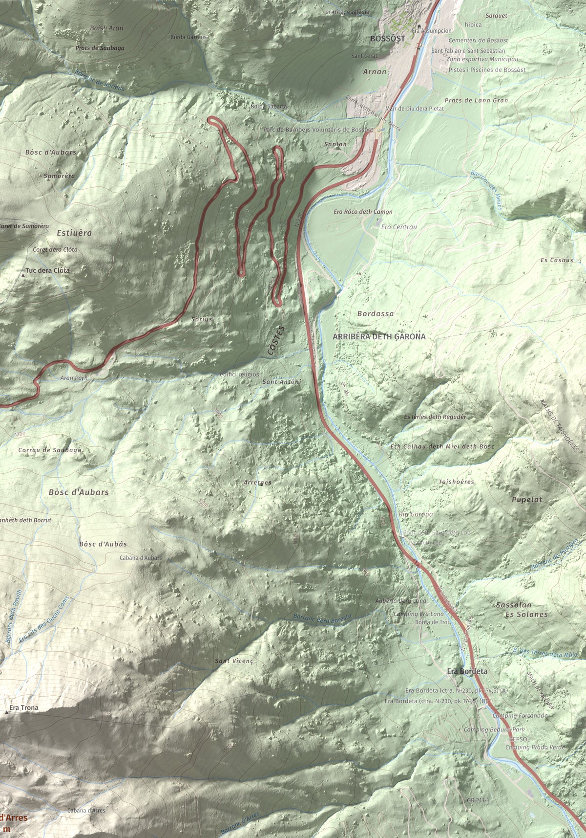 Mapa de relieve de Tuc d'Arres, 2163 m, Val d'Aran, lámina 100 Cims de Trobart. Detalle de la zona superior derecha. 70 × 100 cm.