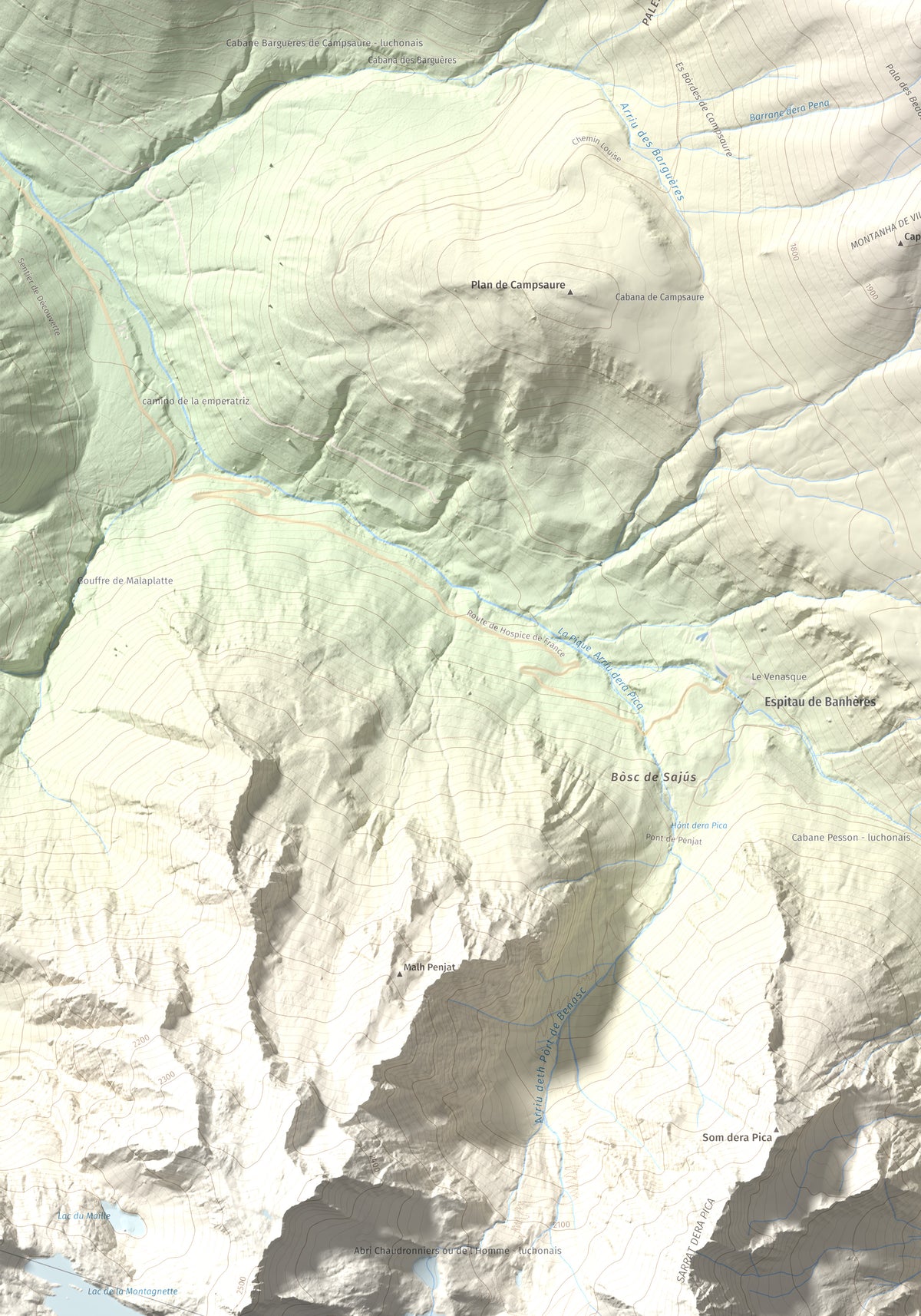 Mapa de relieve de Tuc d'Arres, 2163 m, Val d'Aran, lámina 100 Cims de Trobart. Detalle de la zona inferior izquierda. 70 × 100 cm.