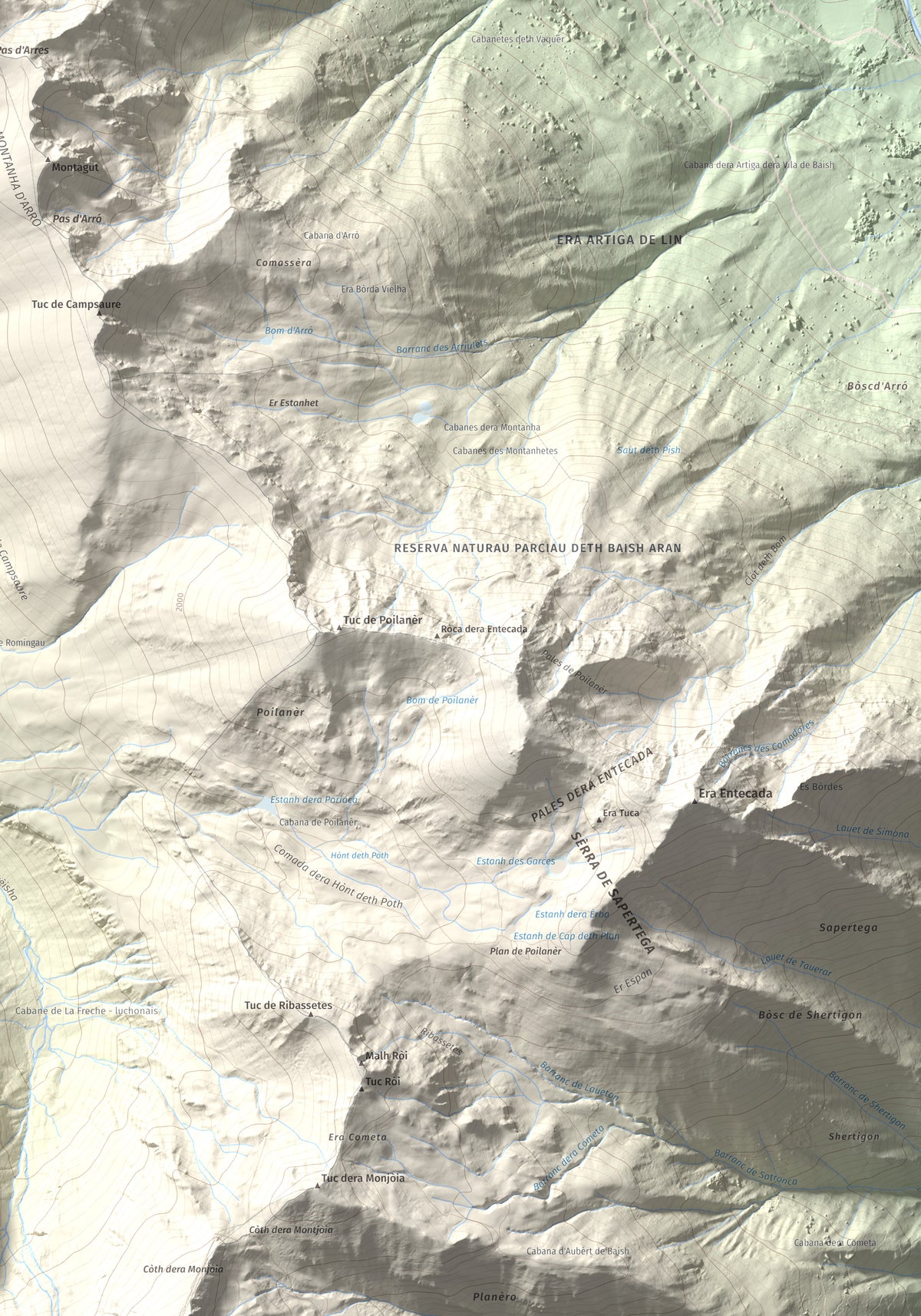 Mapa de relieve de Tuc d'Arres, 2163 m, Val d'Aran, lámina 100 Cims de Trobart. Detalle de la zona inferior derecha. 70 × 100 cm.