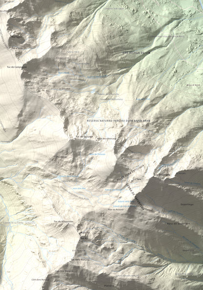 Mapa de relieve de Tuc d'Arres, 2163 m, Val d'Aran, lámina 100 Cims de Trobart. Detalle de la zona inferior derecha. 70 × 100 cm.