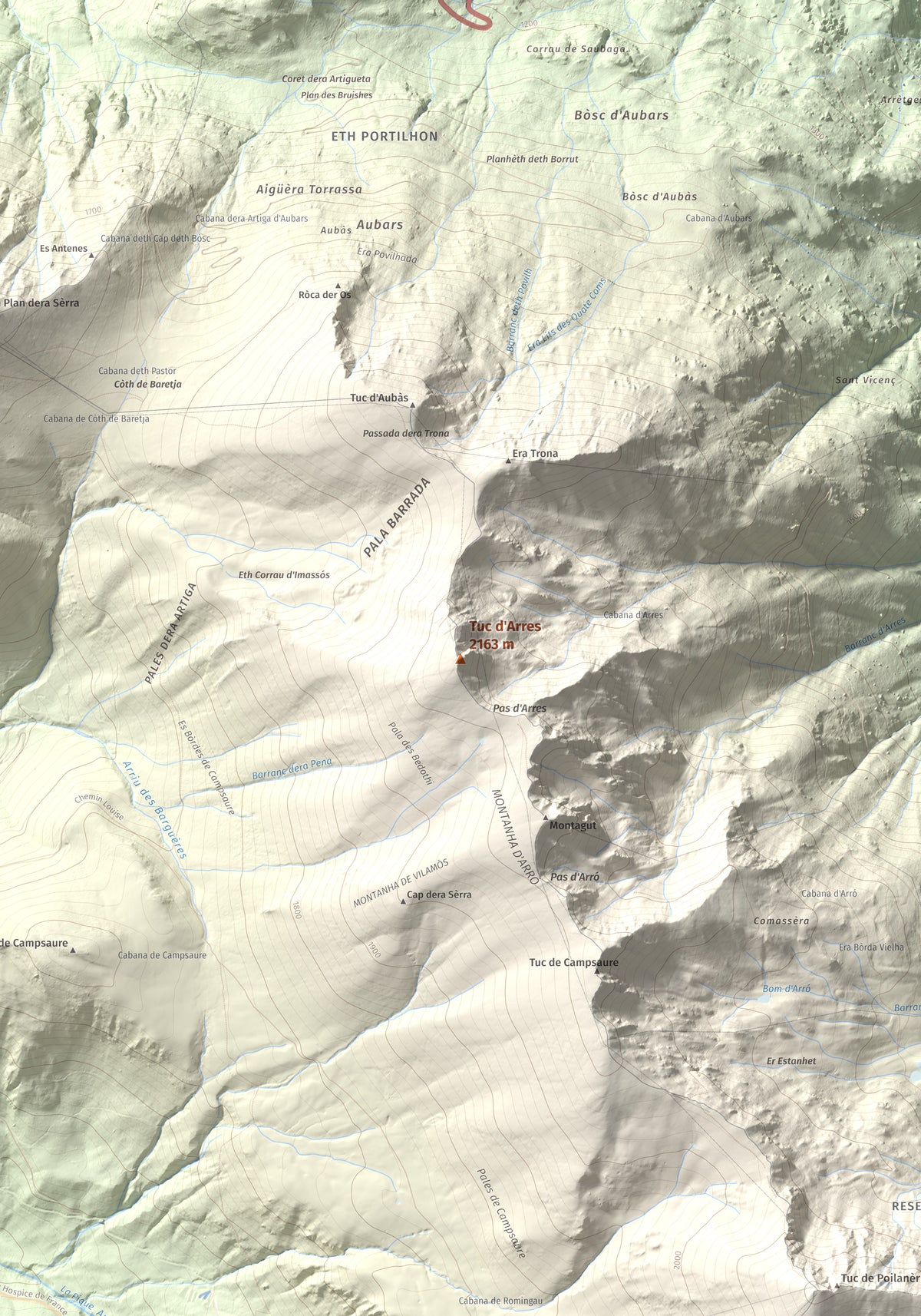 Mapa de relieve de Tuc d'Arres, 2163 m, Val d'Aran, lámina 100 Cims de Trobart. Detalle de la zona central. 70 × 100 cm.