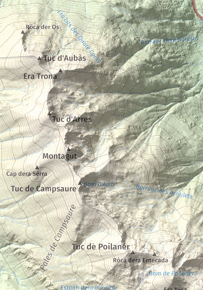 Mapa de relieve de Tuc d'Era Entecada, 2269 m, Val d'Aran, lámina 100 Cims de Trobart. Detalle de la zona superior izquierda. 21 × 30 cm.