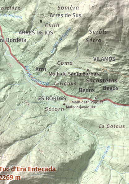 Mapa de relieve de Tuc d'Era Entecada, 2269 m, Val d'Aran, lámina 100 Cims de Trobart. Detalle de la zona superior derecha. 21 × 30 cm.