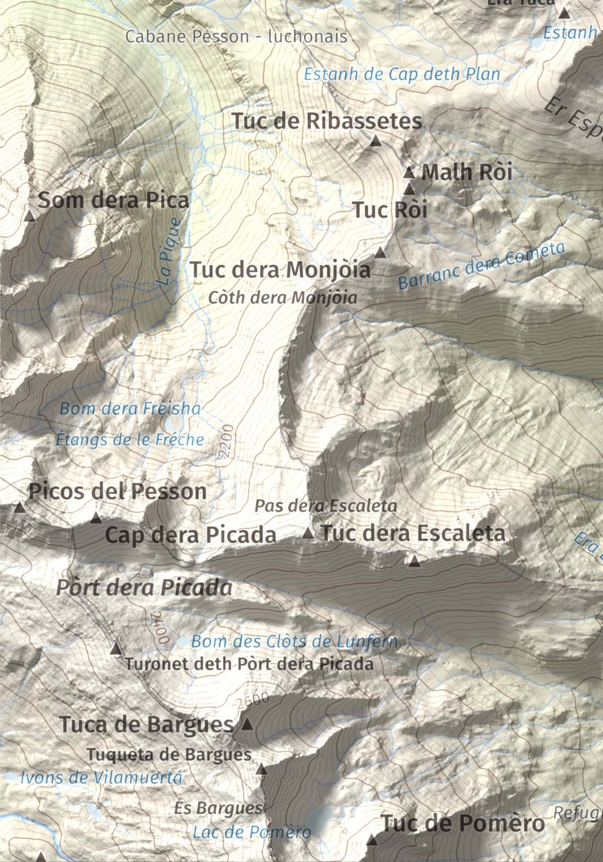 Mapa de relieve de Tuc d'Era Entecada, 2269 m, Val d'Aran, lámina 100 Cims de Trobart. Detalle de la zona inferior izquierda. 21 × 30 cm.