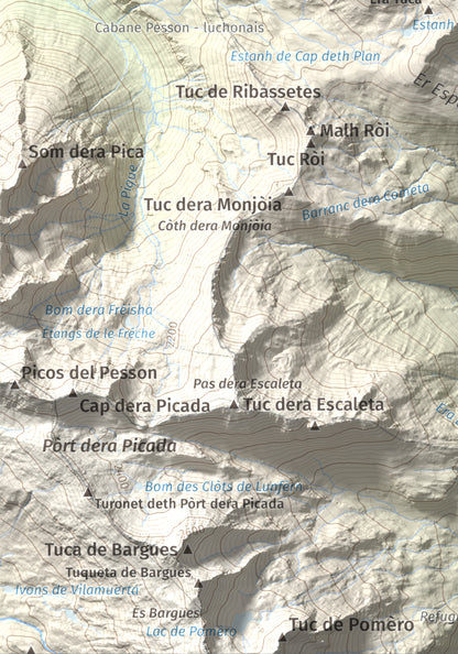 Mapa de relieve de Tuc d'Era Entecada, 2269 m, Val d'Aran, lámina 100 Cims de Trobart. Detalle de la zona inferior izquierda. 21 × 30 cm.