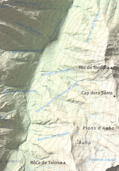 Mapa de relieve de Tuc d'Era Entecada, 2269 m, Val d'Aran, lámina 100 Cims de Trobart. Detalle de la zona inferior derecha. 21 × 30 cm.