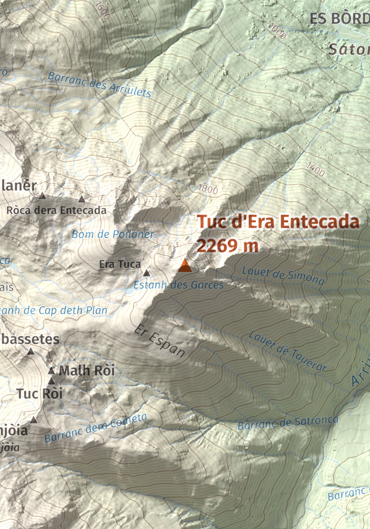 Mapa de relieve de Tuc d'Era Entecada, 2269 m, Val d'Aran, lámina 100 Cims de Trobart. Detalle de la zona central. 21 × 30 cm.