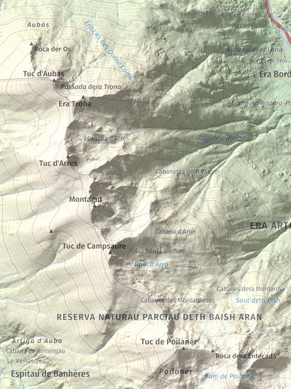 Mapa de relieve de Tuc d'Era Entecada, 2269 m, Val d'Aran, lámina 100 Cims de Trobart. Detalle de la zona superior izquierda. 30 × 40 cm.