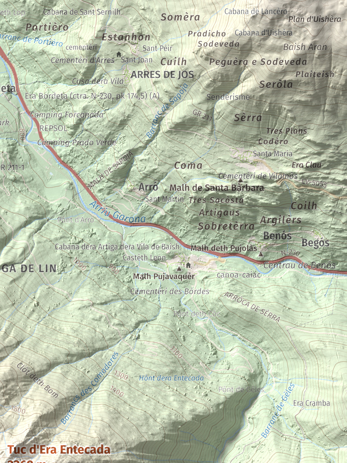 Mapa de relieve de Tuc d'Era Entecada, 2269 m, Val d'Aran, lámina 100 Cims de Trobart. Detalle de la zona superior derecha. 30 × 40 cm.