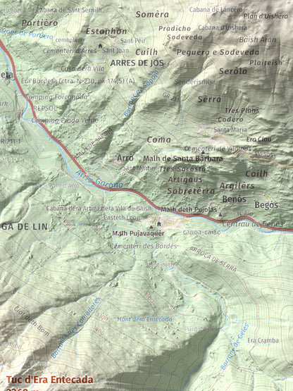 Mapa de relieve de Tuc d'Era Entecada, 2269 m, Val d'Aran, lámina 100 Cims de Trobart. Detalle de la zona superior derecha. 30 × 40 cm.