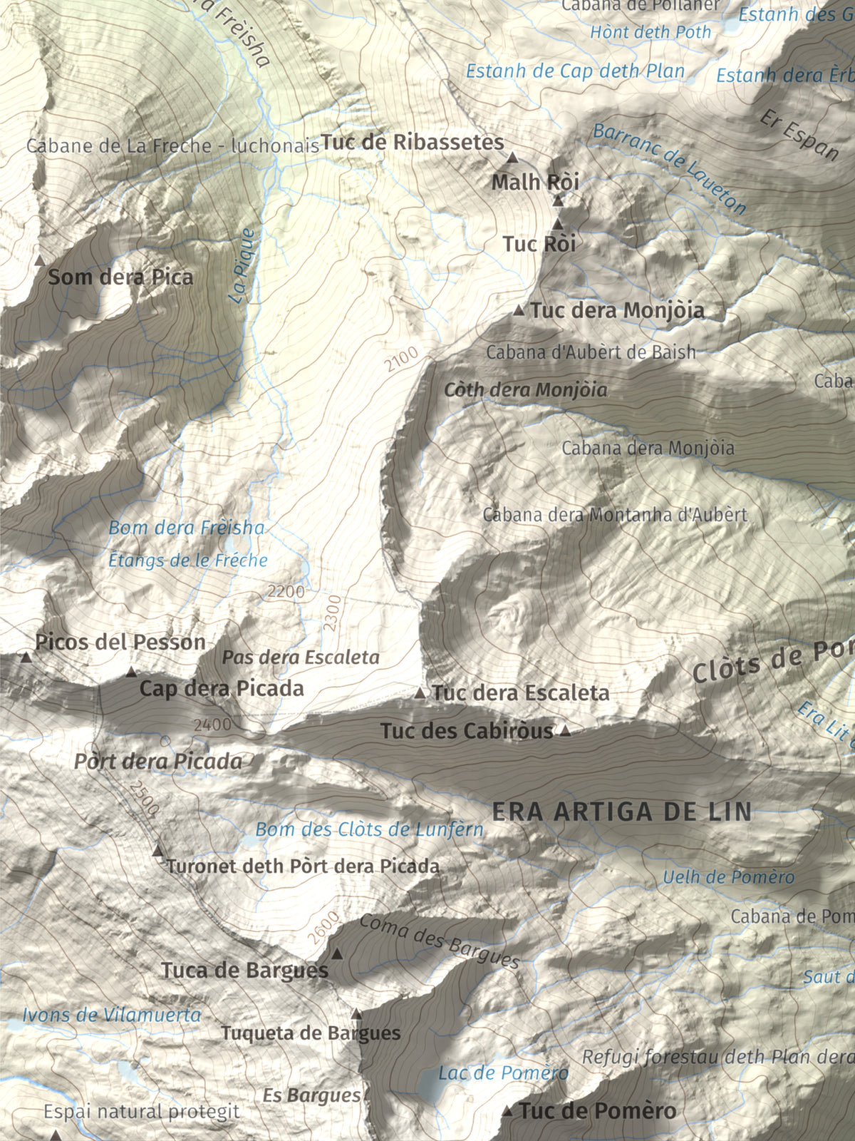 Mapa de relieve de Tuc d'Era Entecada, 2269 m, Val d'Aran, lámina 100 Cims de Trobart. Detalle de la zona inferior izquierda. 30 × 40 cm.