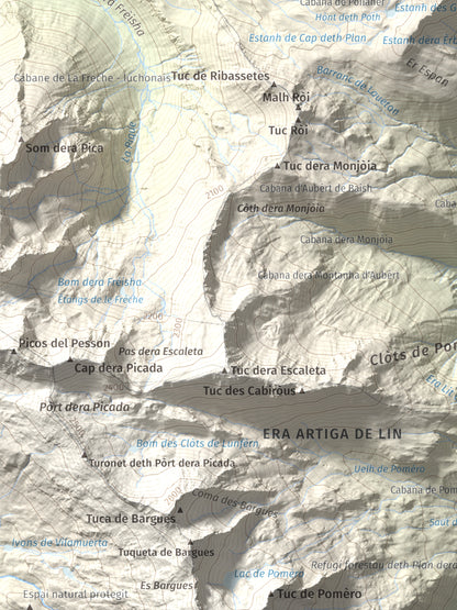 Mapa de relieve de Tuc d'Era Entecada, 2269 m, Val d'Aran, lámina 100 Cims de Trobart. Detalle de la zona inferior izquierda. 30 × 40 cm.