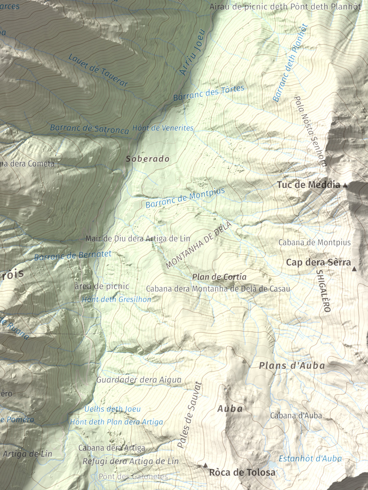 Mapa de relieve de Tuc d'Era Entecada, 2269 m, Val d'Aran, lámina 100 Cims de Trobart. Detalle de la zona inferior derecha. 30 × 40 cm.