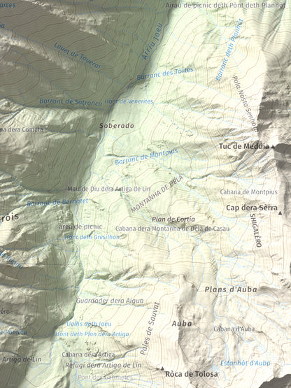 Mapa de relieve de Tuc d'Era Entecada, 2269 m, Val d'Aran, lámina 100 Cims de Trobart. Detalle de la zona inferior derecha. 30 × 40 cm.