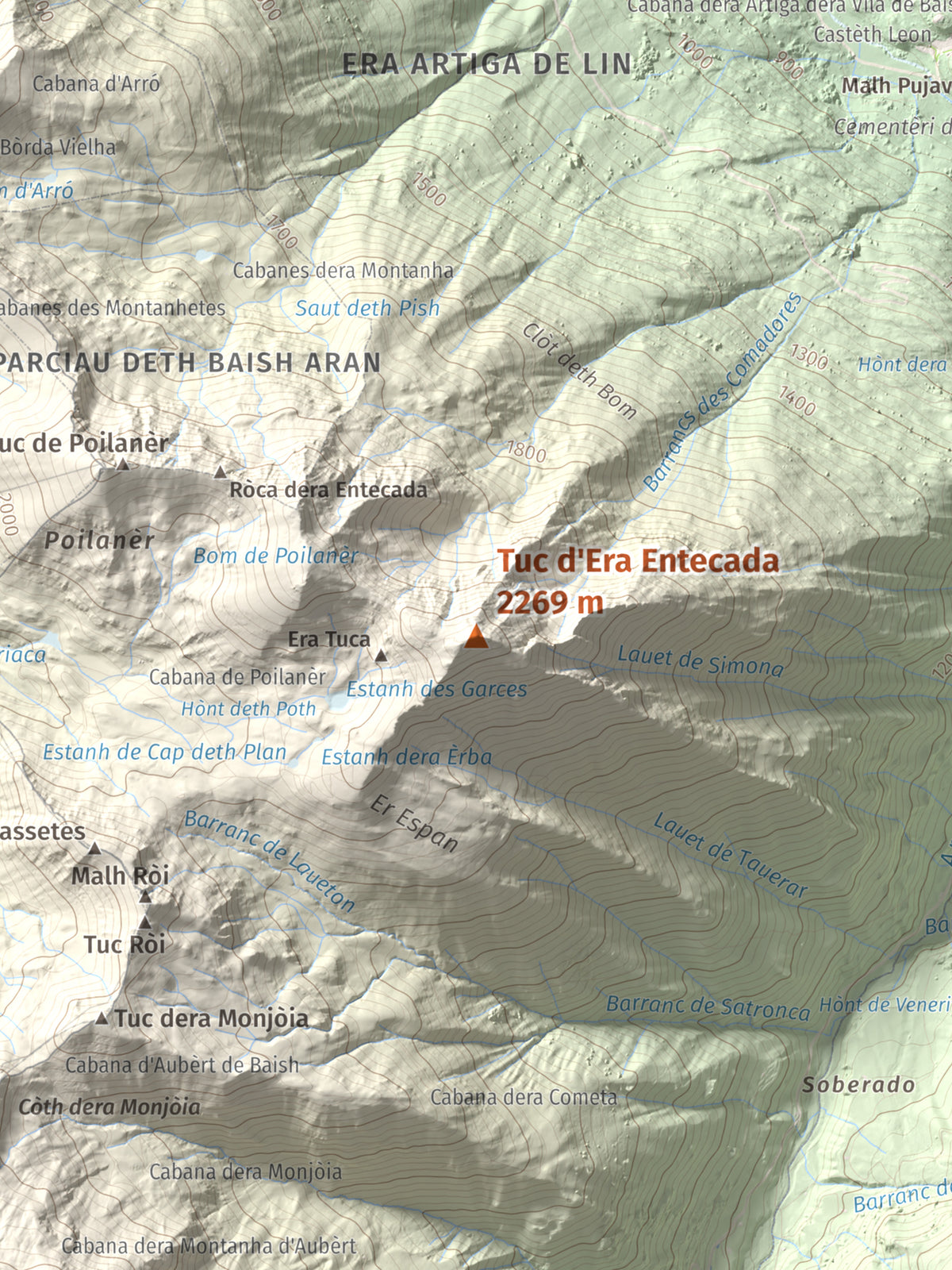 Mapa de relieve de Tuc d'Era Entecada, 2269 m, Val d'Aran, lámina 100 Cims de Trobart. Detalle de la zona central. 30 × 40 cm.