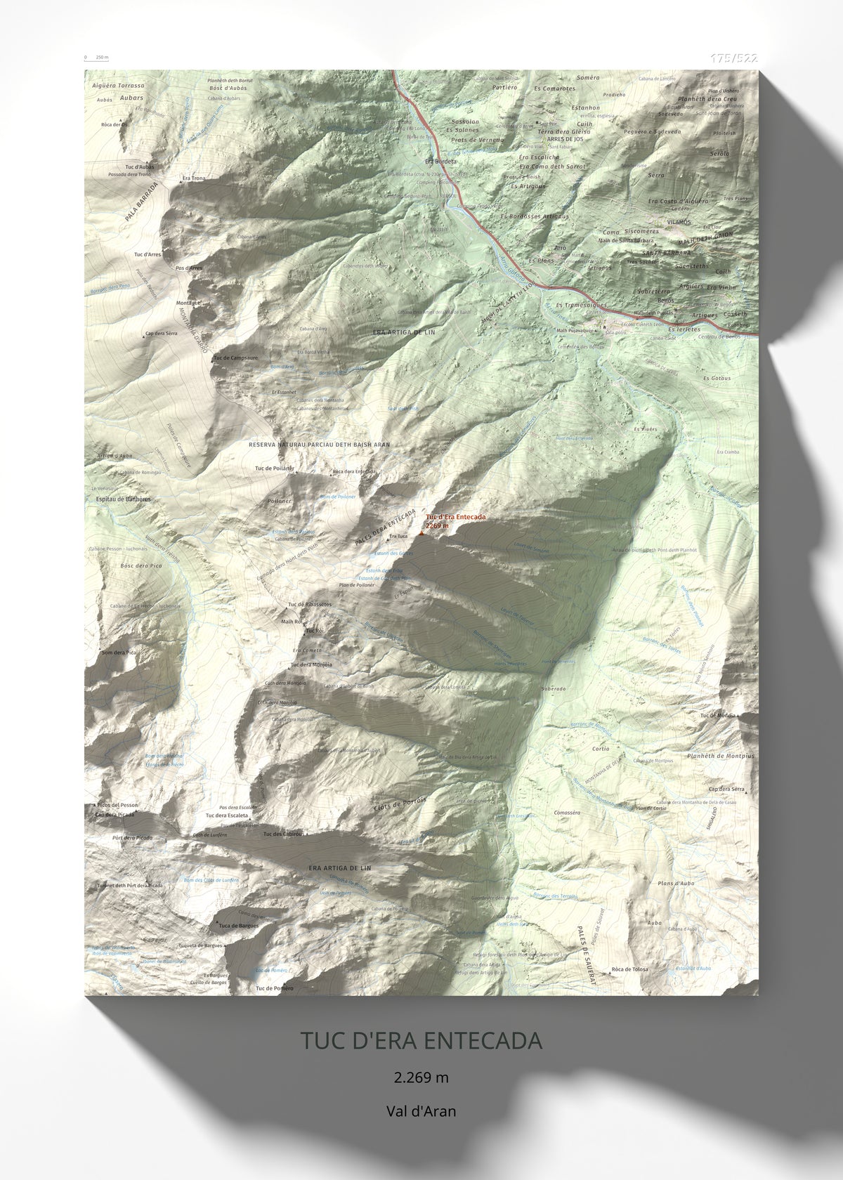 Mapa de relieve de Tuc d'Era Entecada, 2269 m, Val d'Aran, lámina 100 Cims de Trobart 50 × 70 cm.