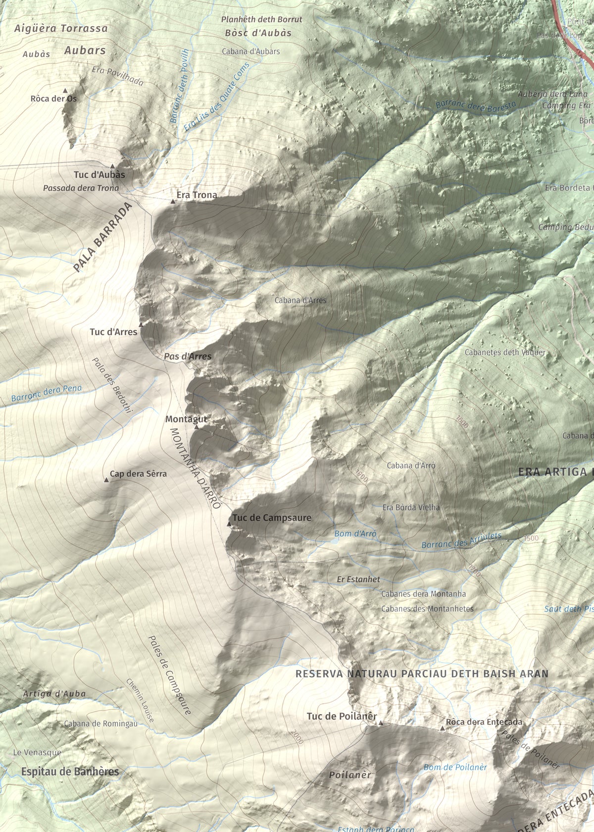 Mapa de relieve de Tuc d'Era Entecada, 2269 m, Val d'Aran, lámina 100 Cims de Trobart. Detalle de la zona superior izquierda. 50 × 70 cm.